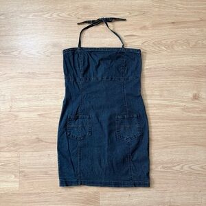 Tilt Y2K Dark Blue Denim Halterneck Fitted Dress w/ Front Pockets